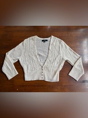 Women’s Express Cream Open-Knit Cropped Cardigan w/ jeweled buttons -size Medium